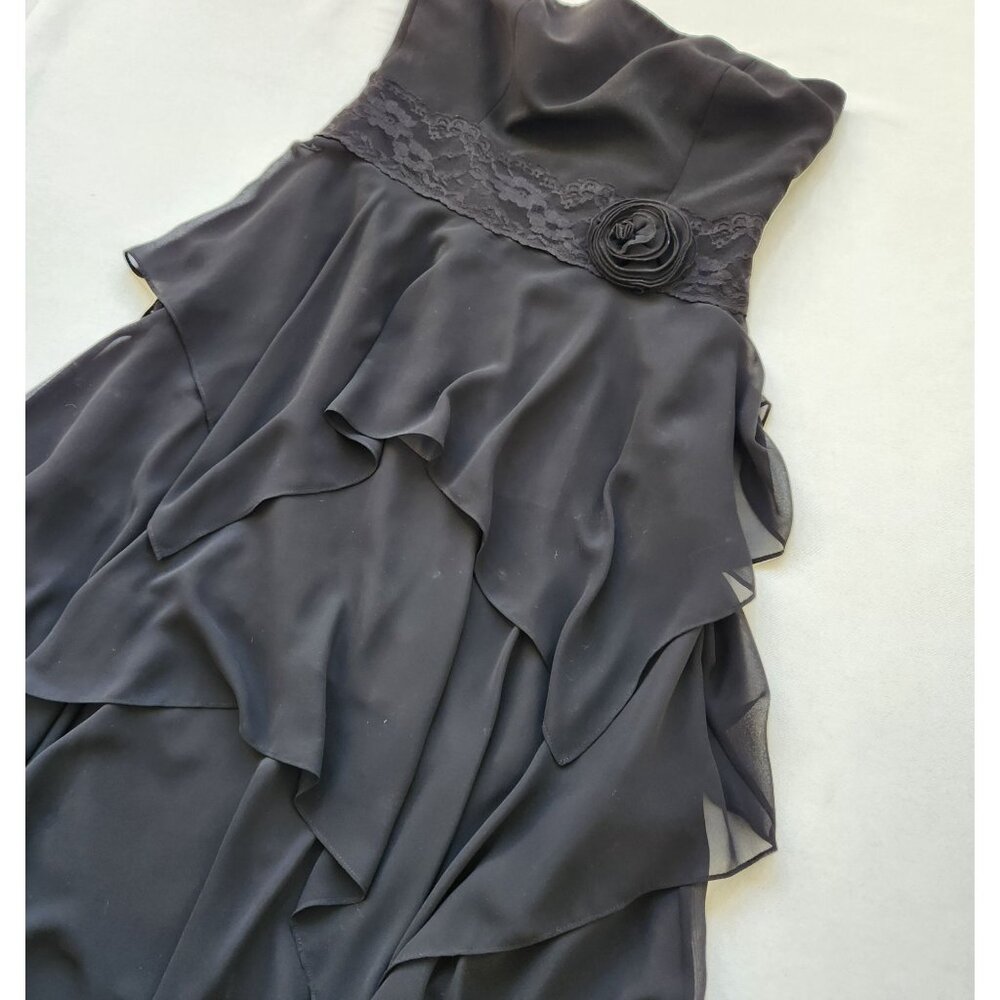 Liz Claiborne black Strapless Chiffon Dress Lace Rose Fairy Whimsigoth Dark Boho - Picture 11 of 15